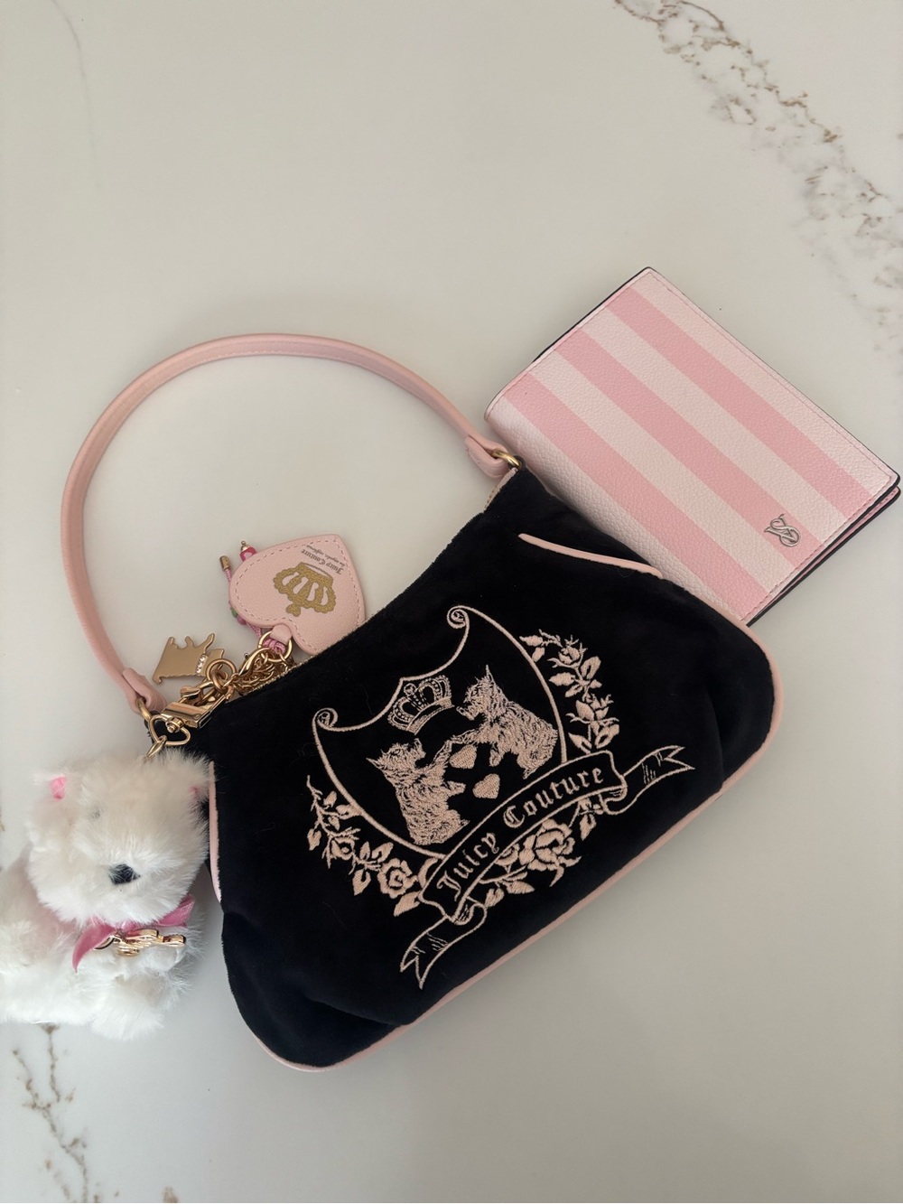 Juicy Couture Black Velvet Shoulder Bag with Pink Trim & Crest